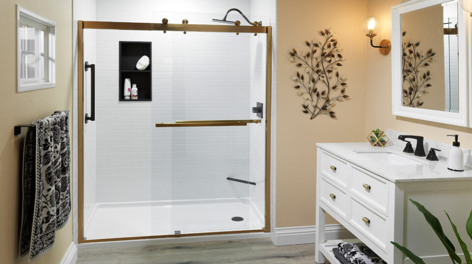 Modern bathroom with glass shower and vanity