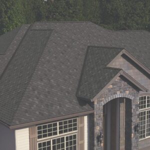 Modern house with gray shingle roof and stone facade.